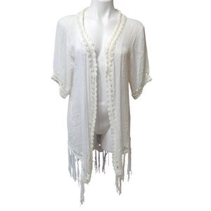 Vivid open‎ front cardigan white crochet detail back cutout fringe medium